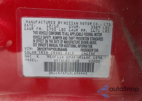 2013 Nissan Versa 1.6 Sv z USA, uszkodzony, nr VIN 3N1CN7AP1DL854445